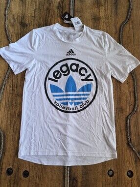 NWT Adidas White Short-Sleeve Tee with Blue Legacy Volleyball Print Women Small